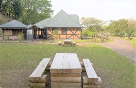 木製ベンチと施設の中庭