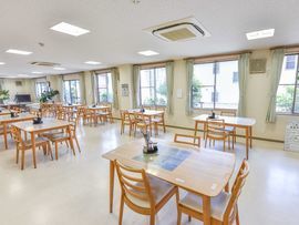 食堂は非常に広いが、多数設置された照明と壁にある数多くの広い窓、そして光を強く反射する白い壁と床でかなり明るくなっている。