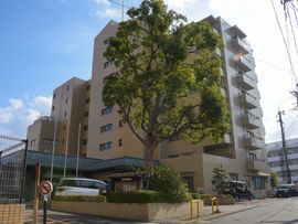 シティホテルを思わせるような10階建ての建物。入り口前には植え込みがあり大きな木がある。メイン道路に面しているので車での来所が便利。