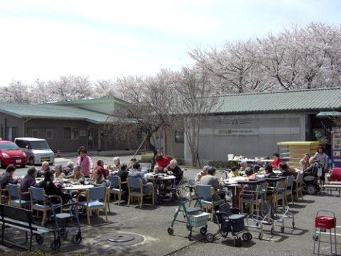 満開の桜をバックに、お食事を楽しむ大勢のご入居者様