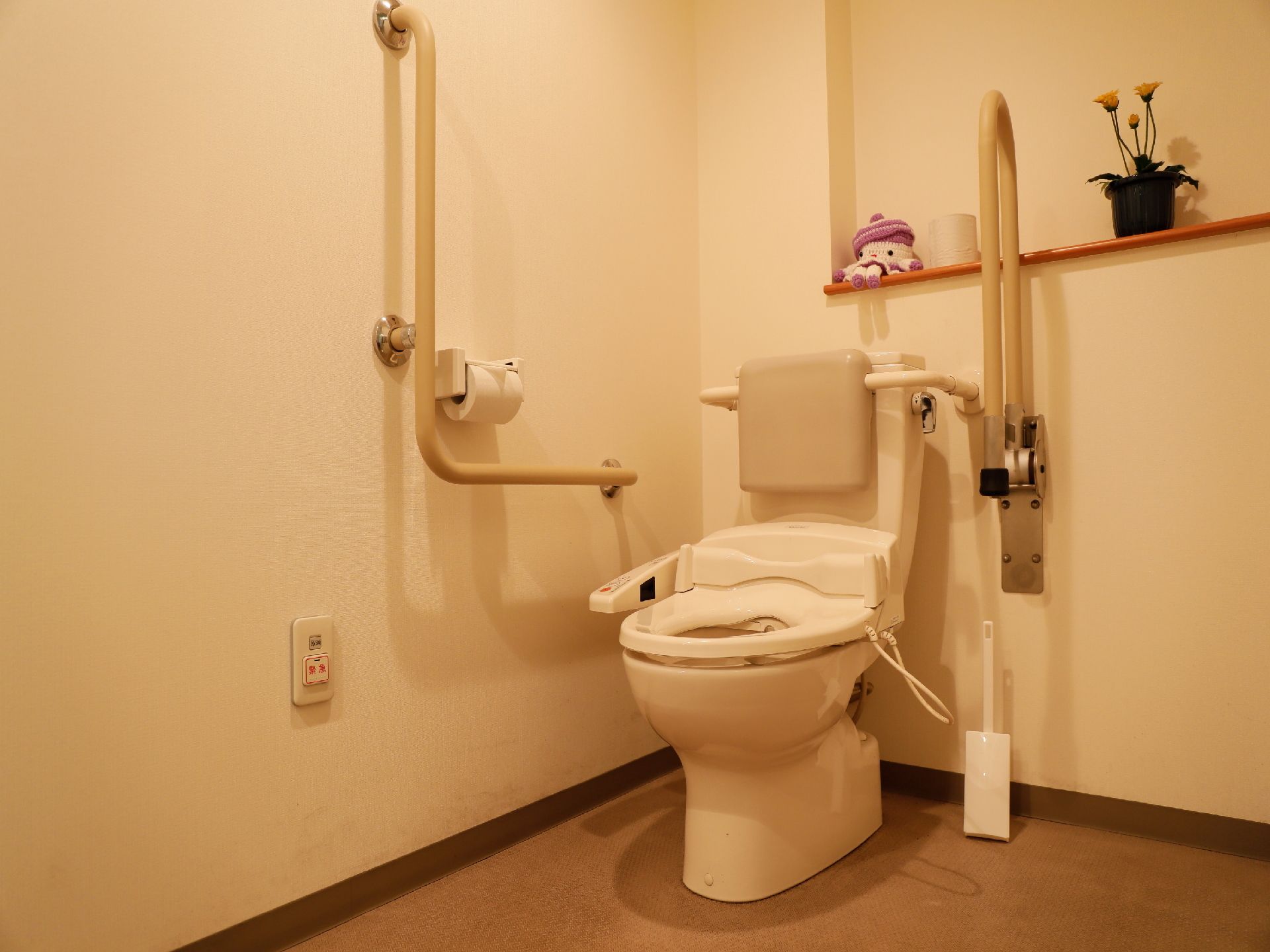 温水洗浄便座の整った便器が設置されている。便器には背もたれと、両側に手すりが完備している。壁には緊急呼び出しのボタンがある。