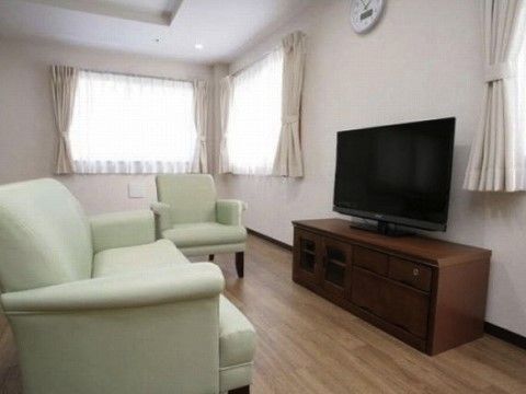 窓際に設置されたテレビを囲むように置かれた若草色のソファー