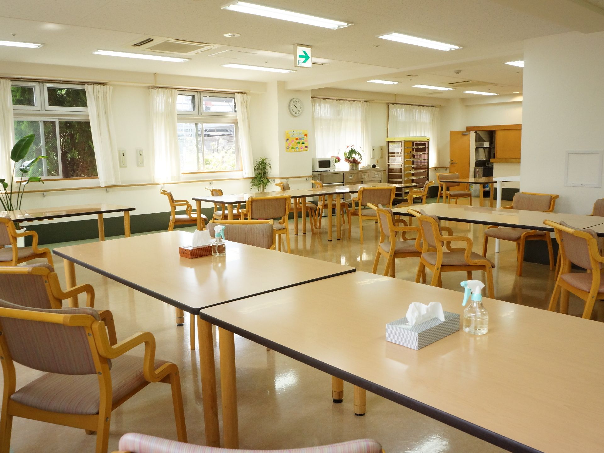 食堂は広く、窓も沢山あるので開放的がある。観葉植物もあり落ち着いた雰囲気。誰でも使える電子レンジがある。