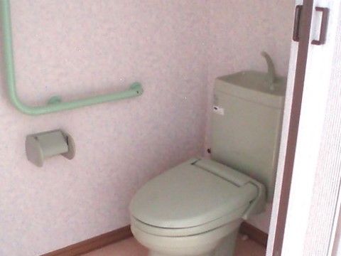 壁紙がピンクで、右手の壁側に手スリが設置されているトイレ。