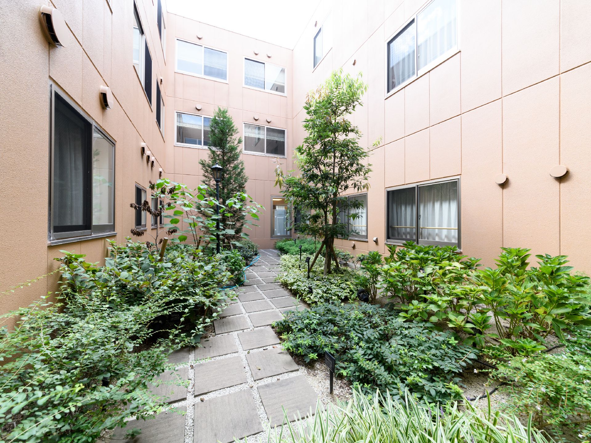 綺麗な中庭がある。季節の花や木々が植えられている。施設内から四季を感じることができる。木々の間に通路がある。