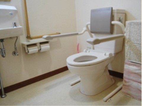 可動式手すりや背もたれパッドが設置されたトイレである。スペースにゆとりを持たすことができ、車椅子をご利用の方も移動に安心である。