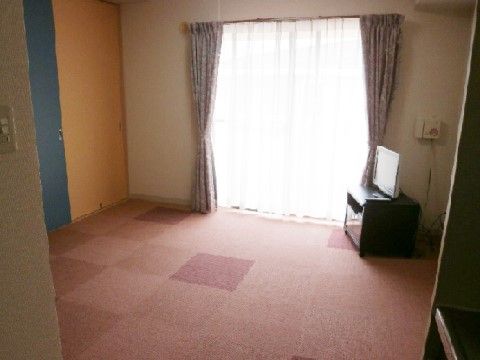 突き当りに掃き出し窓がある明るい室内は、窓際にテレビ台とテレビが置かれている。窓に向かって左手に扉付き収納がある。