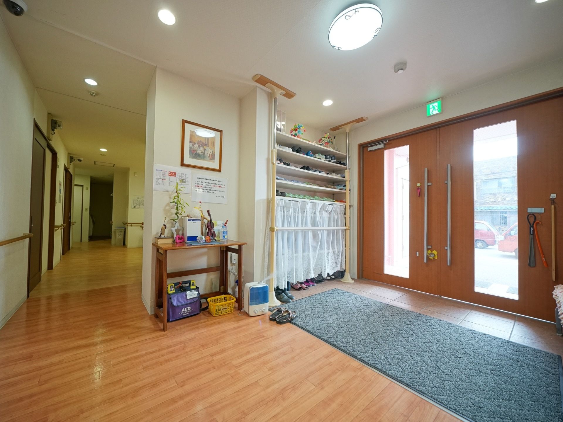 入口扉は観音開きで大きく開く。壁に下駄箱が用意されており、カーテンで目隠しがされている。床に玄関マットが敷かれている。