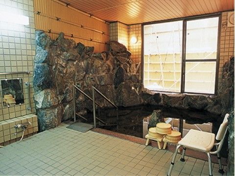 趣のある手すりが付いた浴槽が設置された、広々とした浴室