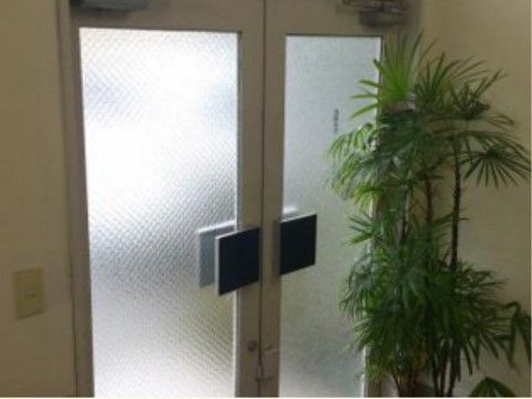 観葉植物が置かれた、すりガラスの扉が設置されたスペース