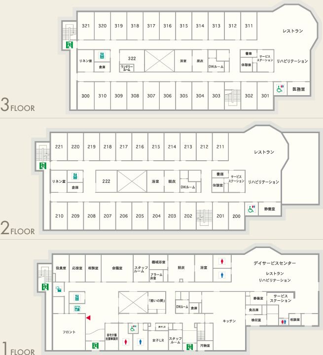 有料老人ホーム ペリデ長田の1～3FLOORのフロアマップ