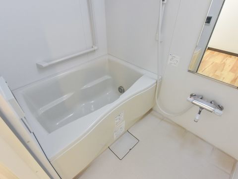 白系で統一されたバスルームである。洗い場の壁には鏡があり、左隣とバスタブの横に1つずつ手すりが設置されている。