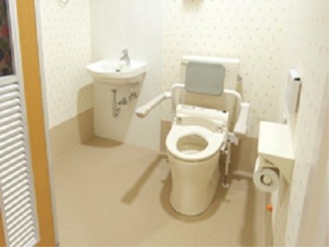「ときわ有料老人ホームわこの家」のトイレ。トイレの両脇には介助手すりを設置している。