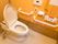 トイレは、全面が板張りで温かみのある室内となっている。温水洗浄便座仕様で左手側の壁に手すりがある。