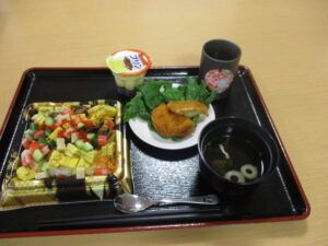 食べやすくカットされた料理と汁物、デザートのプリンが並んでいるトレー