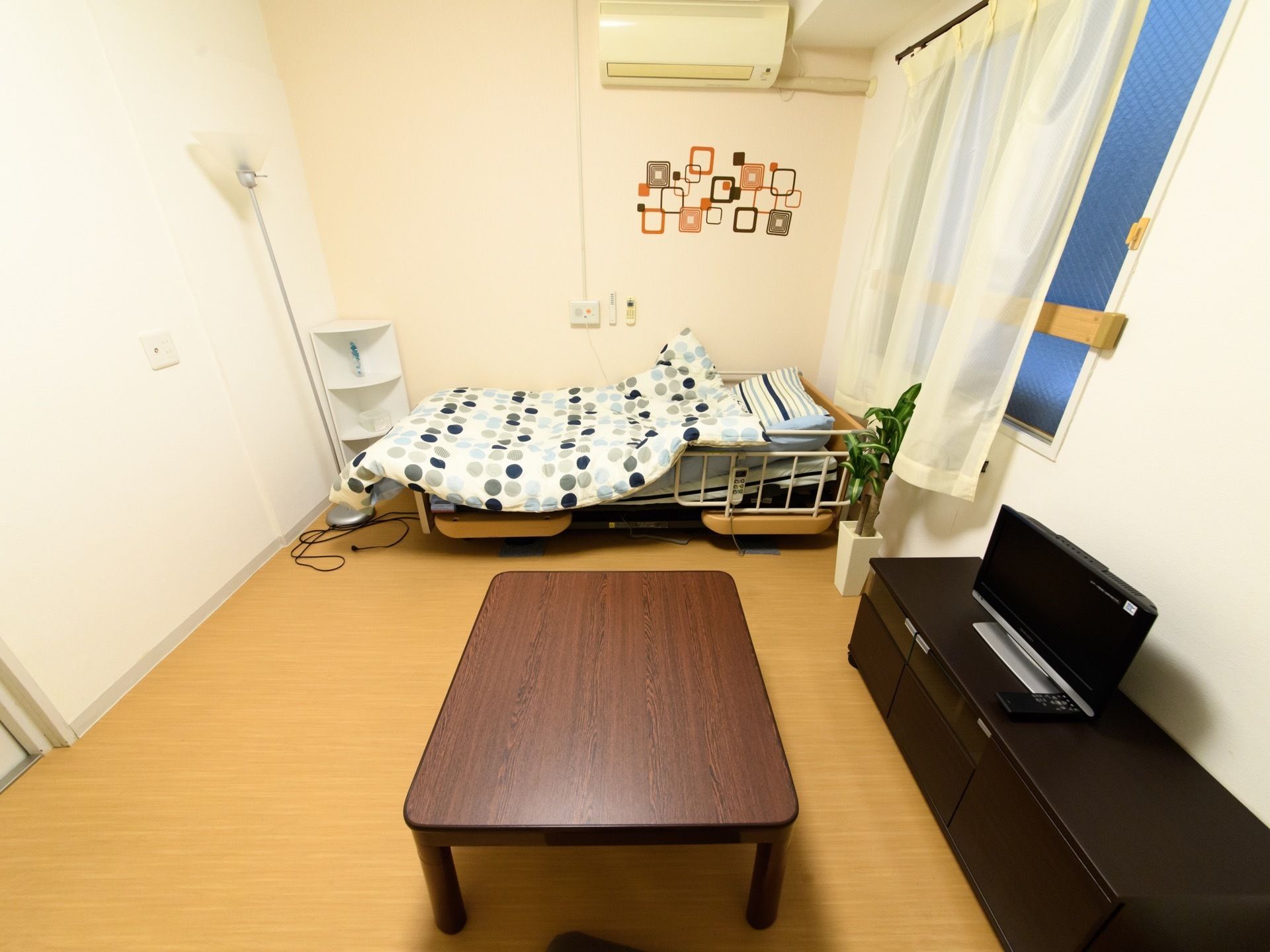 介護用の電動ベッドがあり、その横の壁にナースコールが設置されている。テレビが設置してあり、その前に四角い低めのテーブルが置かれている。