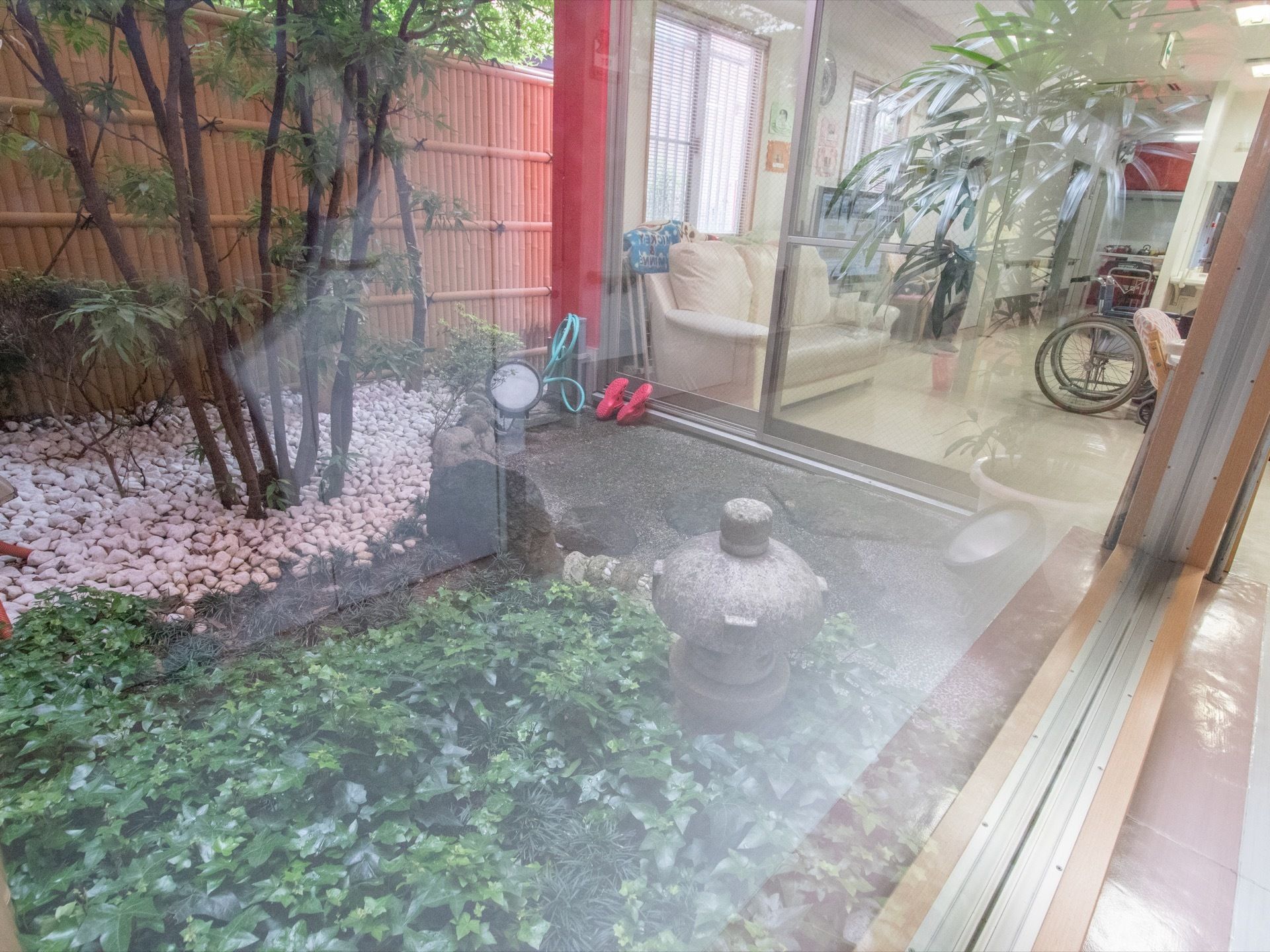 館内のガラス張りの大きな窓からは、日本庭園のような中庭を眺めることができる。草木がたくさん植えられている。
