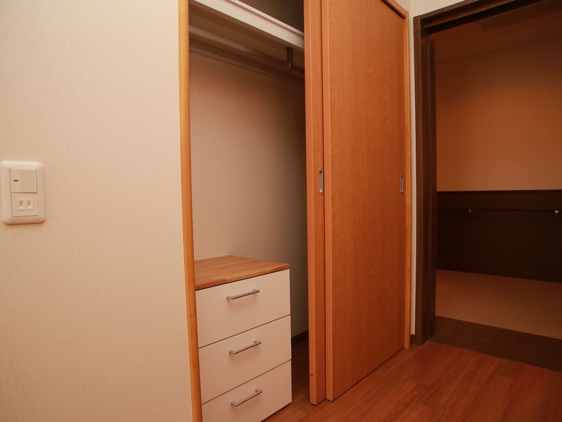 引き戸の収納に３段チェストが入れられている。上下２段に区切られていて、下部にはハンガーを掛けるためのポールが取りつけられている。