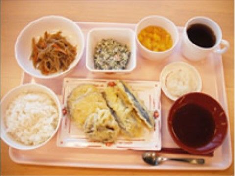 ご飯や天ぷら、きんぴらごぼうなどが並んでいる和風の食事