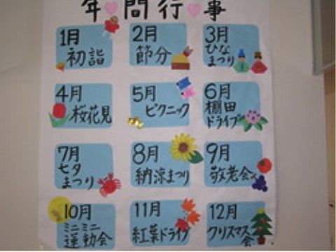 壁に貼られている、手書きでかわいく飾られた年間行事表