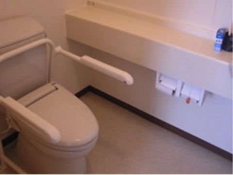 タンク付きのシンプルなつくりのトイレ。洋式トイレの両側には可動式の白い手すりが設置され、車椅子をご利用の方にも便利である。
