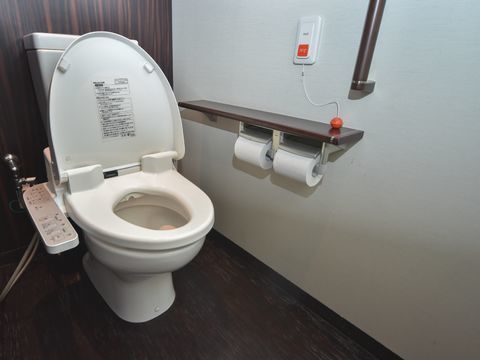 トイレスペースはダークブラウンを基調としたインテリアである。座って左側の壁には手すりがあり、その左側にナースコールがある。