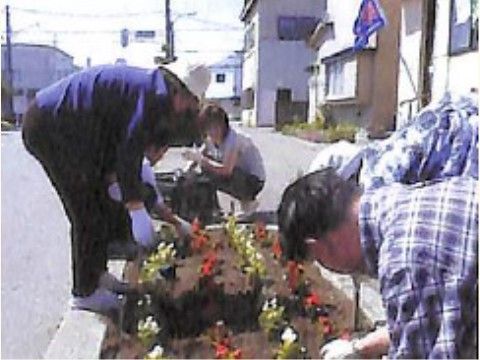 「よろこびの家 栄」の庭。パンジーやコスモス等の花を植えている。