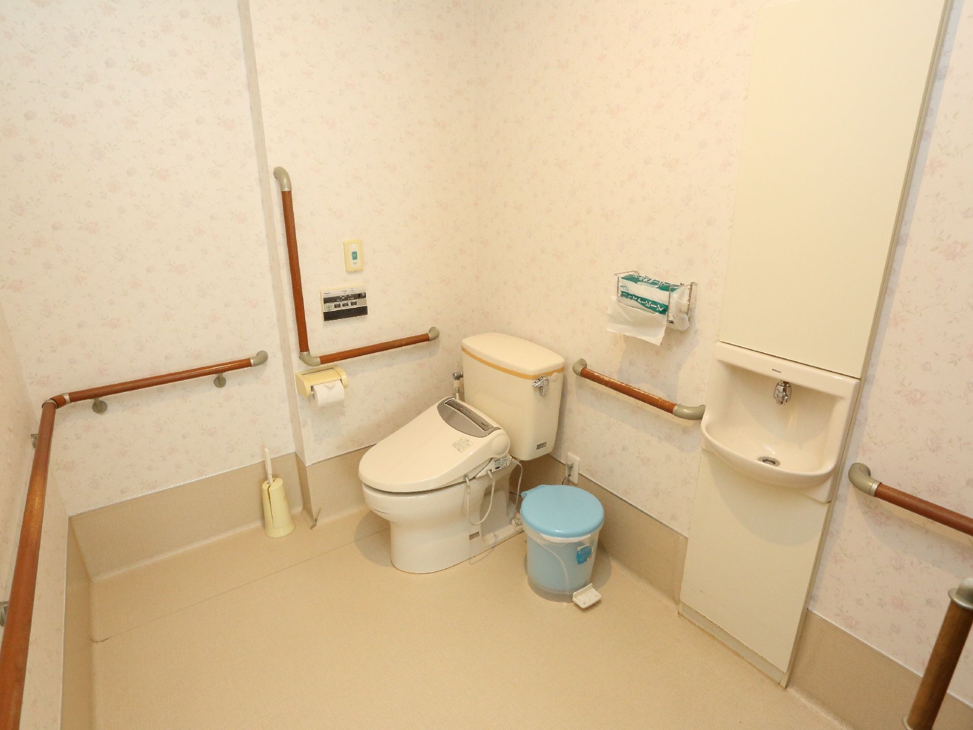 広々としたスペースがあり手すりが設置されているトイレは、車いすでも安心して利用可能。独立した手洗い場もあり便利になっている。
