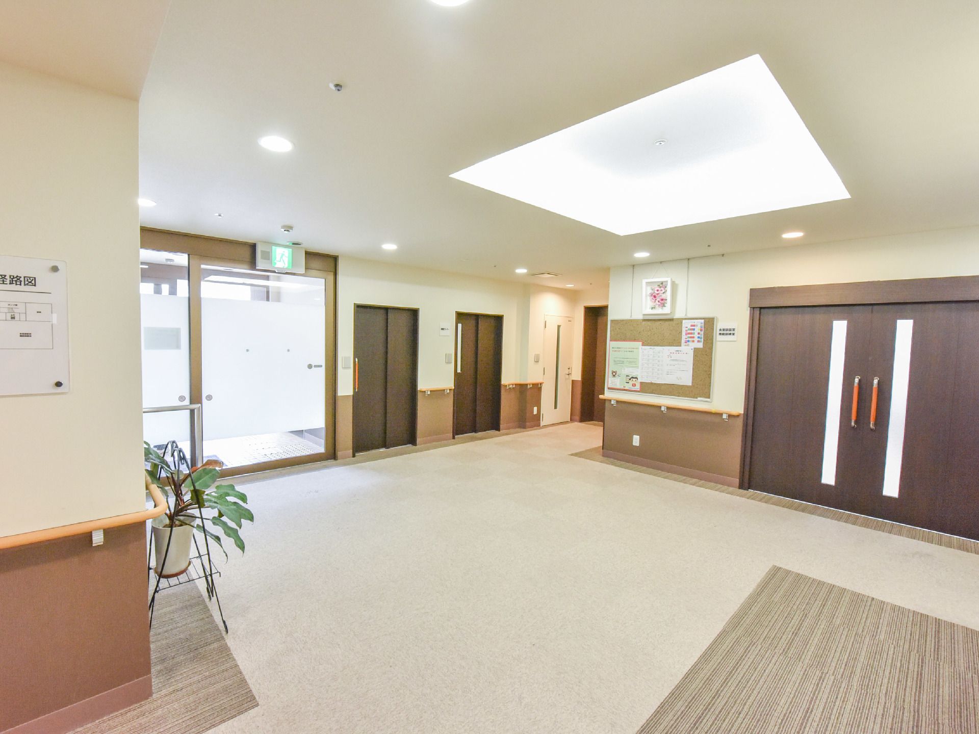 施設内は、ブラウン系の色合いでまとめられている。色合いから落ち着いた雰囲気になっている。観葉植物の緑が映える。