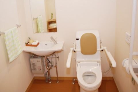 「あさかの杜ケアコミュニティそよ風」のトイレ。左右に介助手すりを設置しており、しっかりと掴まれる。