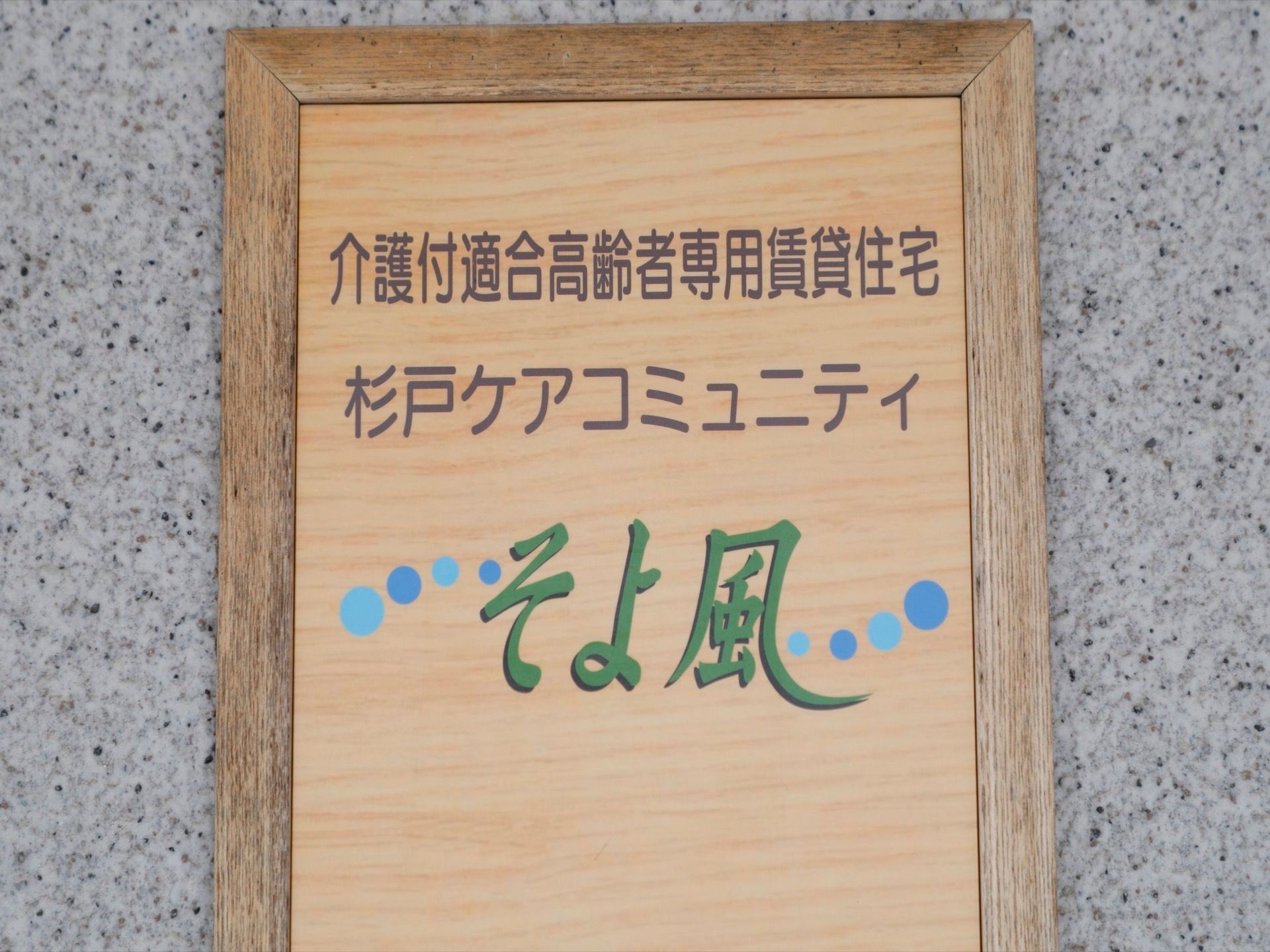 花崗岩模様の壁面に取り付けられた玄関横の当施設銘板
