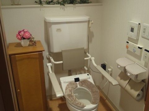 「所沢グループリビングそよ風」の居室・トイレ。手すりは可倒式を採用している。
