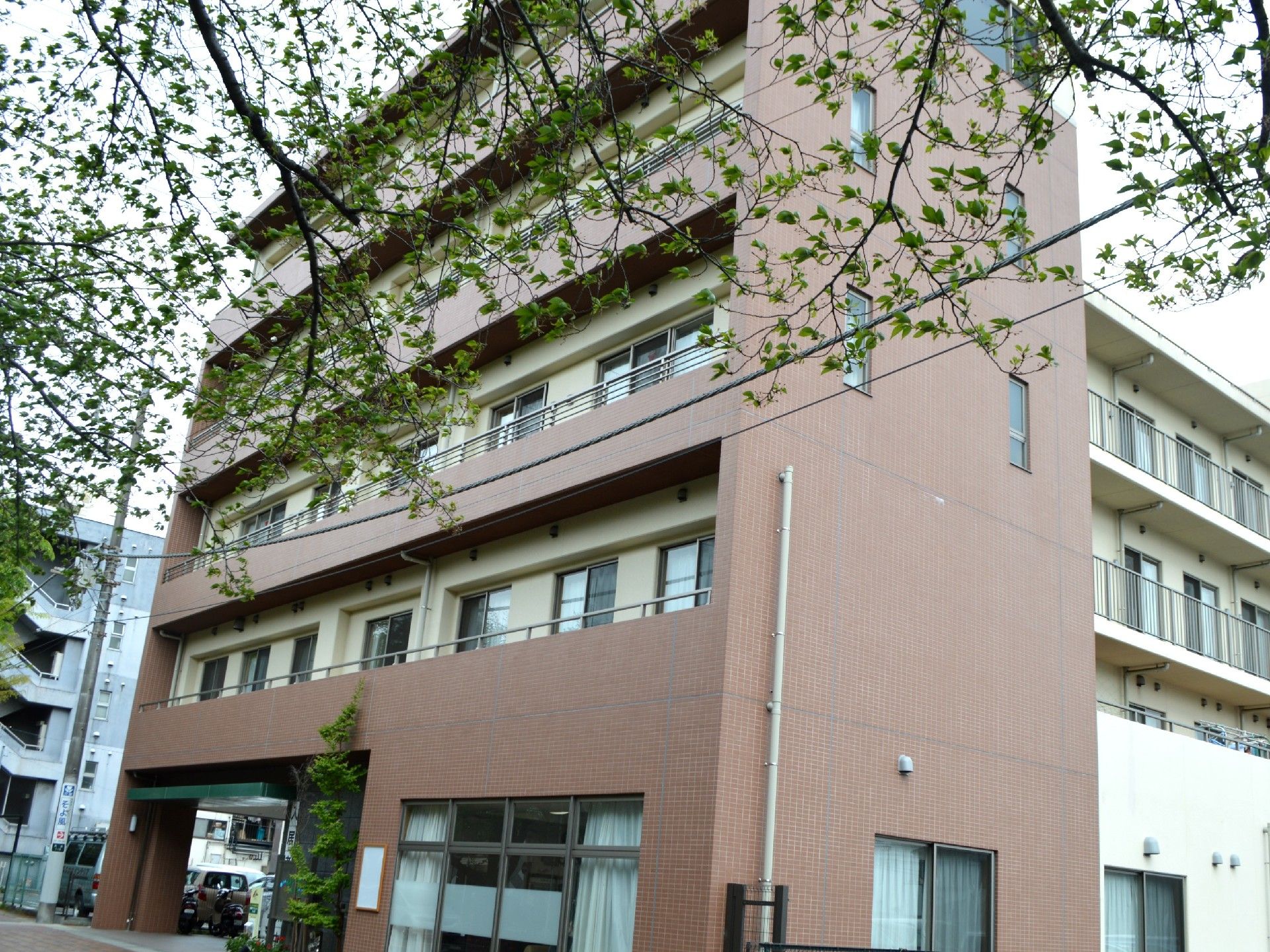 「相模原ケアコミュニティそよ風」桜の枝がマッチした建物外観