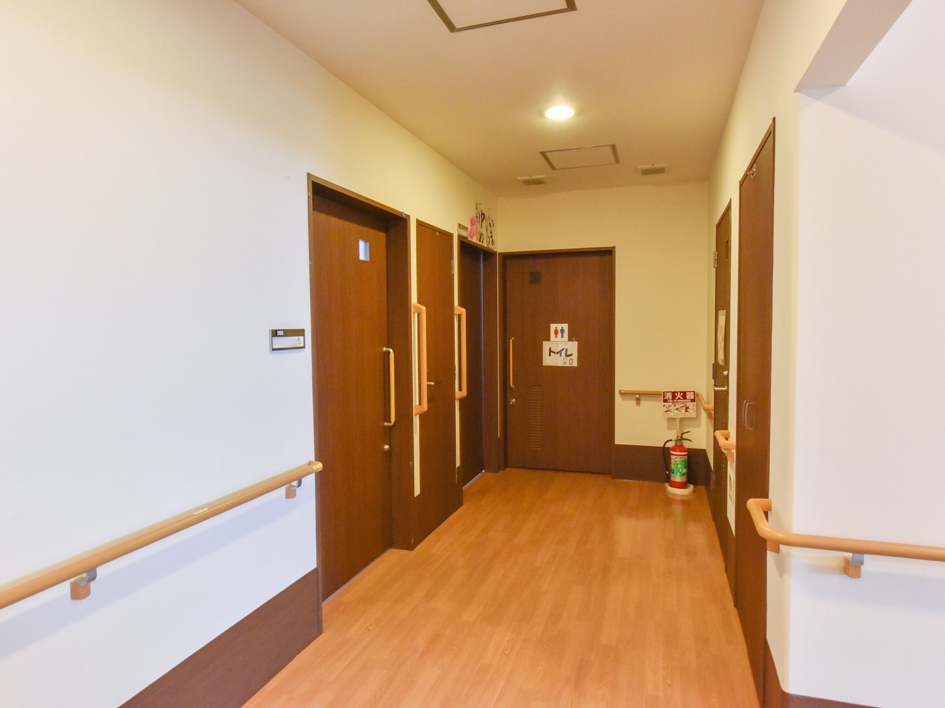 トイレの入口である。引き戸になっており、車椅子をご利用の方も開閉が容易となっている。幅も車椅子が通行するのに十分な間隔が確保されている。
