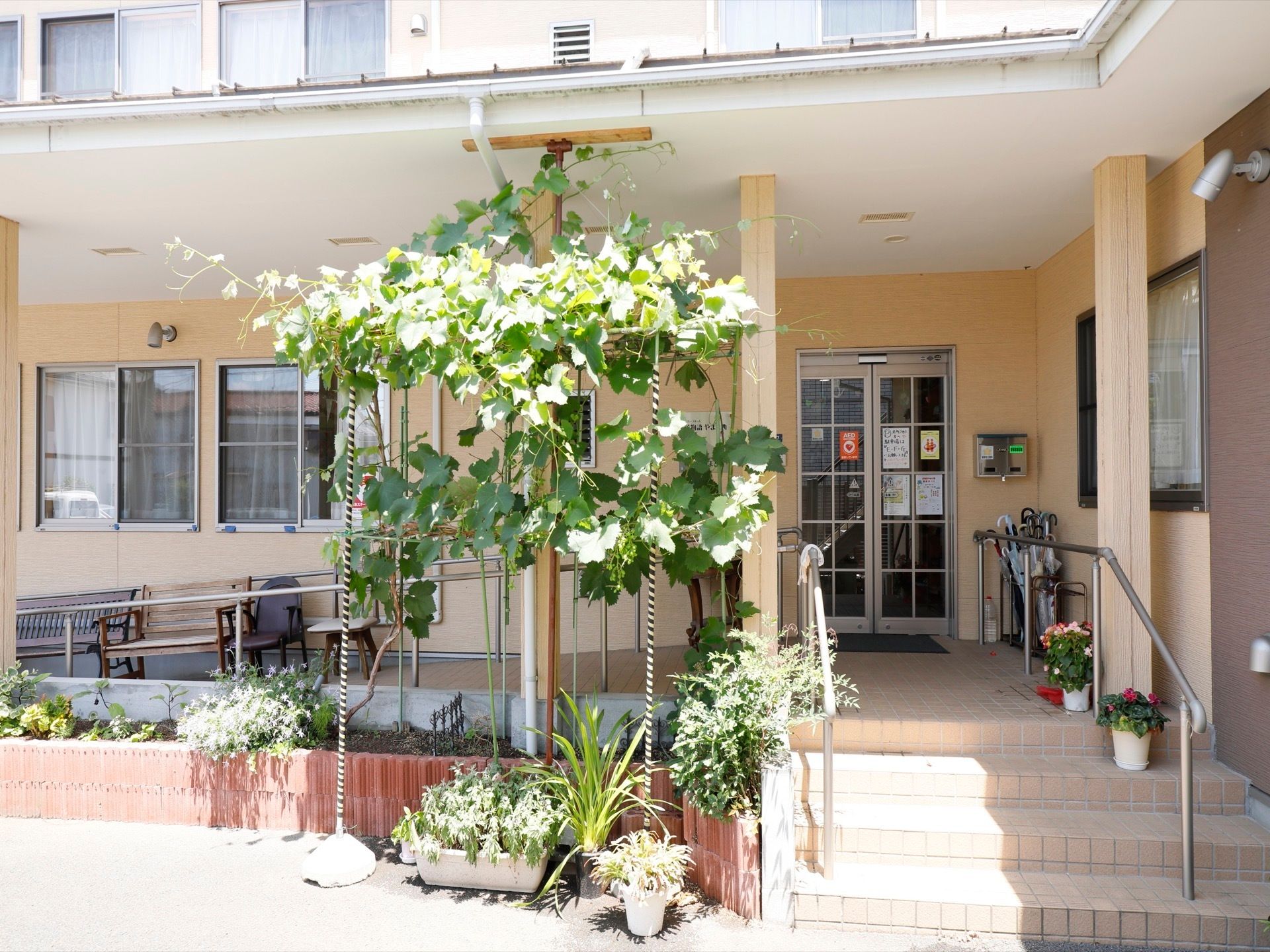 玄関のドアへと向かう道は二つある。一つは４段の階段で、もう一つはスロープである。植え込みがあり、草木が植わっている。
