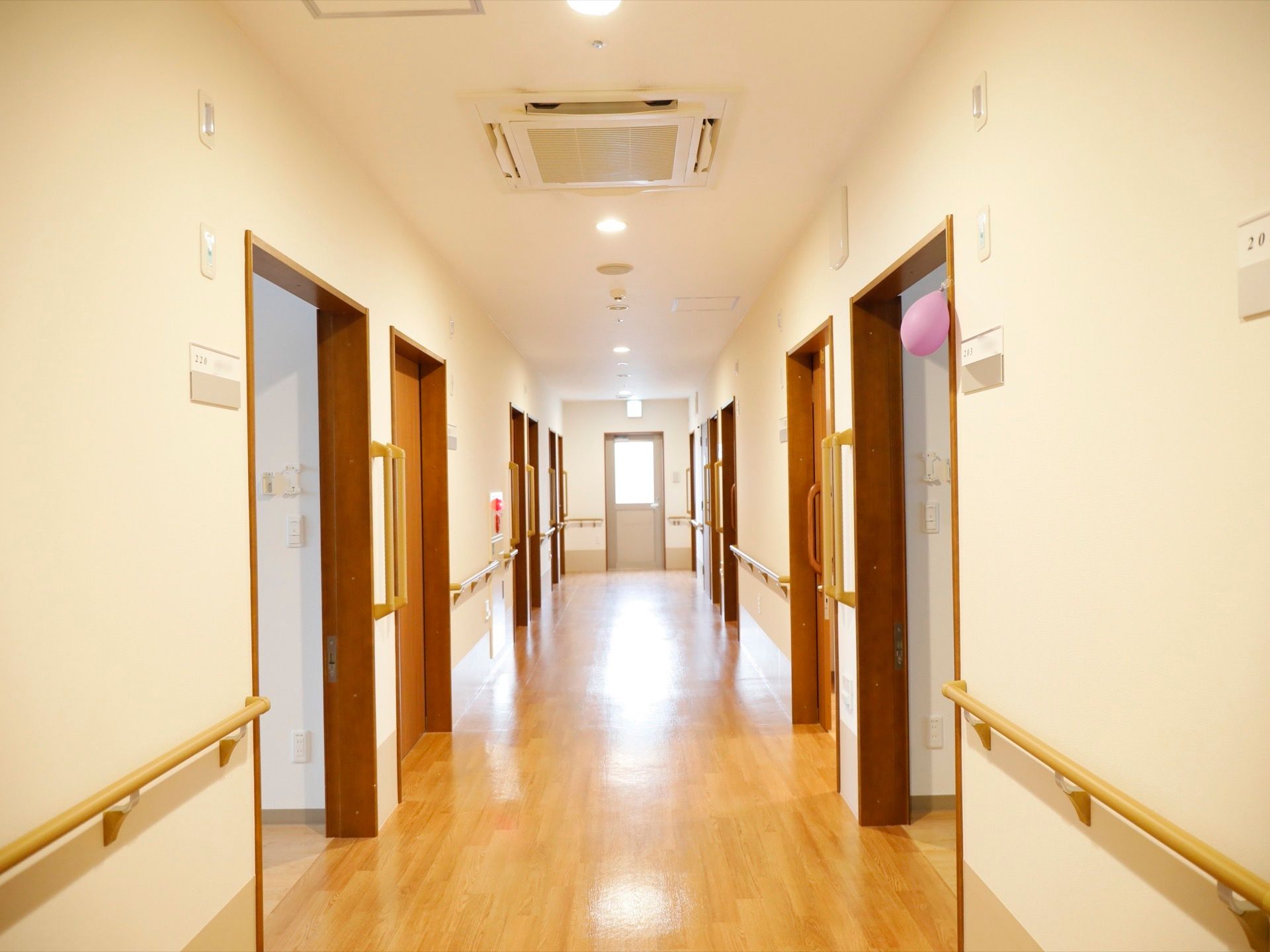 ベージュ色の長い手すりが、両側の壁に隙間なく付いている。スライドドアの横には、部屋番号が書かれたプレートがある。