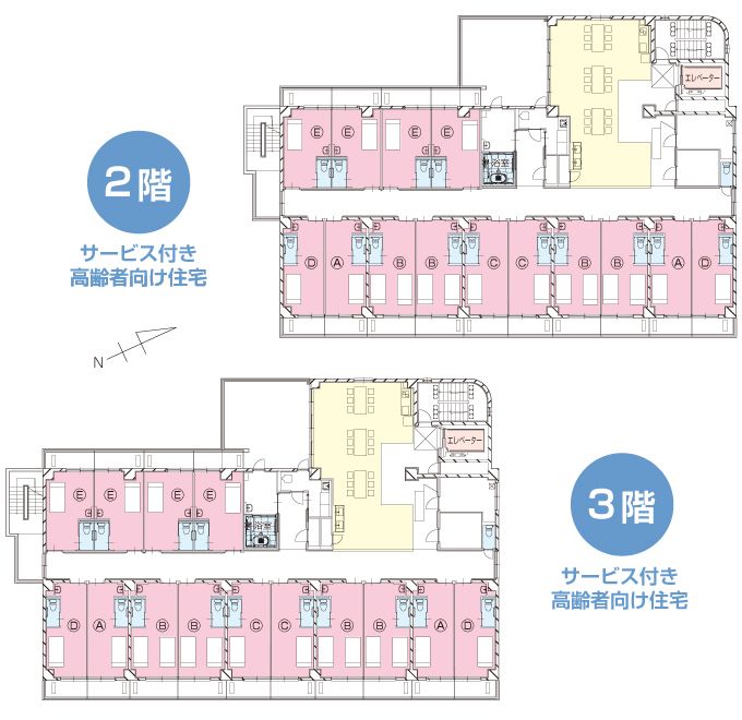 グループ・リビングとくしま県庁前の2～3階のフロアマップ