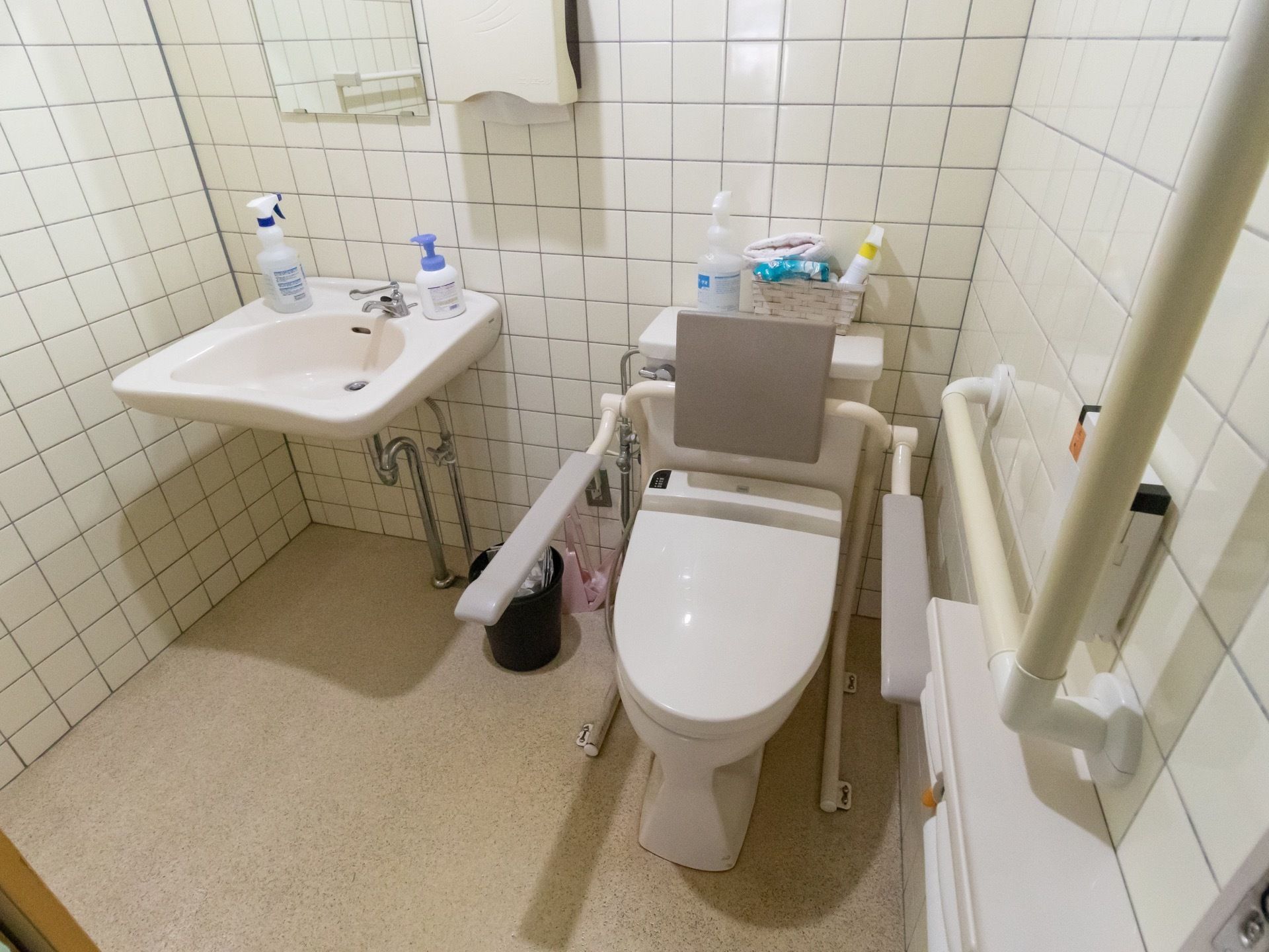 室内は非常に広く、段差もない。洗面器も低い位置に設置されている。また、便器の両サイドや入り口付近には手すりも用意されている。