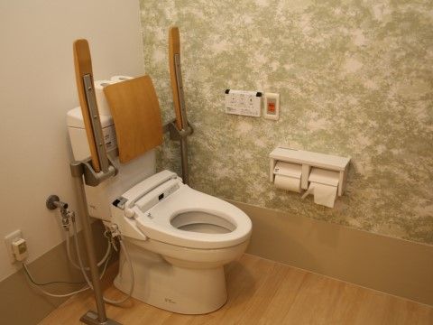 トイレの両側には、跳ね上げ式の手すりが設置されている。壁には、温水洗浄機能用のリモコンと、緊急時用のコールボタンが設置されている。
