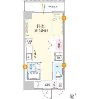 プレステージ滝ノ水緑地の1Rタイプの間取り図
