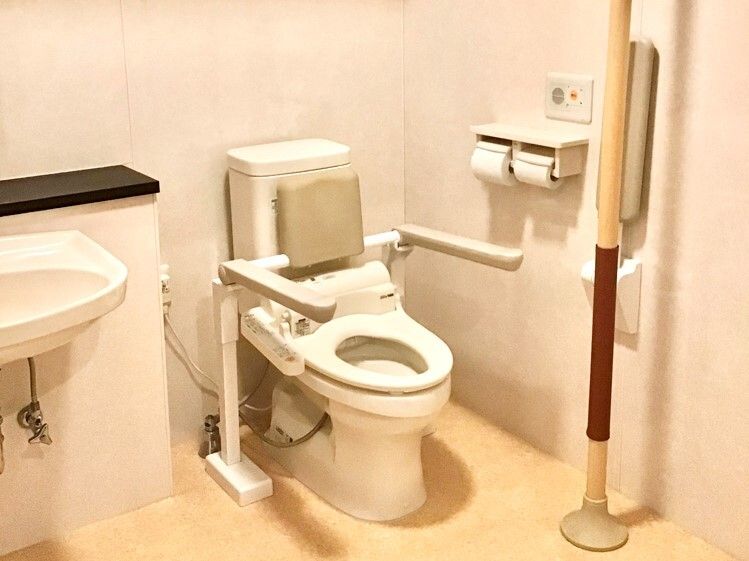 洋式トイレには洗浄機能が付いている。便器を挟むようにして手すりが設置されており、立ち上がる時に支えにすることができる。