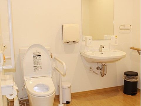 トイレは広く明るい。温水洗浄の便器と間隔をあけてフットレスの洗面台がある。手すりも完備しペーパータオル、消毒液など衛生面にも配慮している。