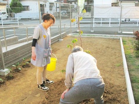 広めの菜園スペースを敷地内に用意している。入居者様が木を植えており、横にバケツを持ったスタッフが立っている。