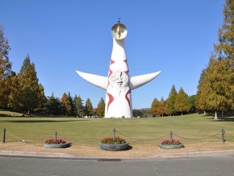 芸術家が製作した太陽の塔が目の前にそびえている。太陽の塔を取り囲むように木が植えられていて、周りの芝はきれいに整備されている。