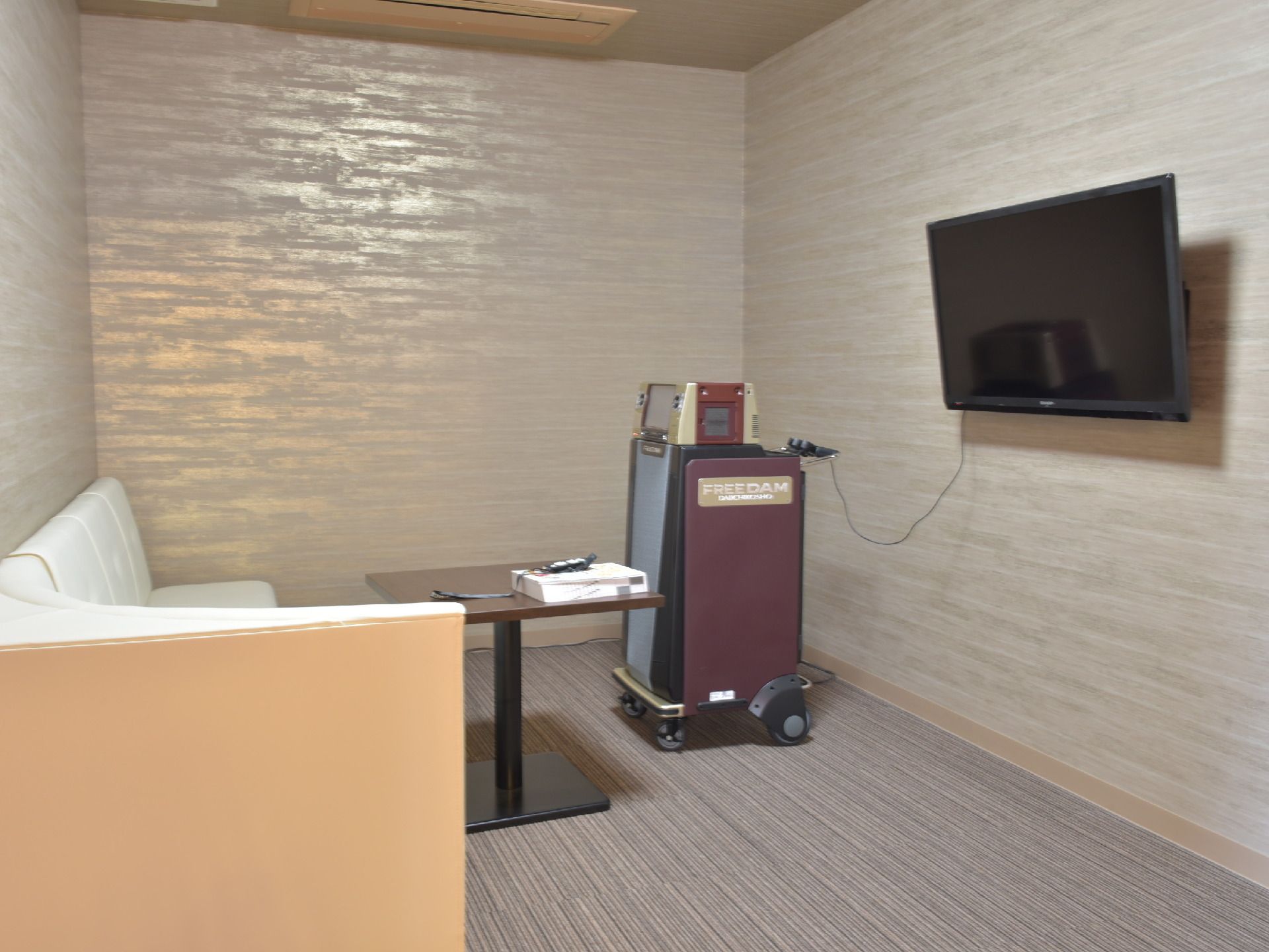 落ち着いたお部屋にカラオケセットが設置されています。ゆったり大勢で座ることができるソファがあり、入居者同士で楽しむことができます。