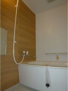 白い壁材の一面だけ木目調となっている。浴槽側には手すりが取り付けられている。手すりの下部にナースコールがついている。