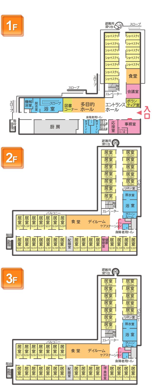 さわやかリバーサイド西脇の1～3Ｆのフロアマップ