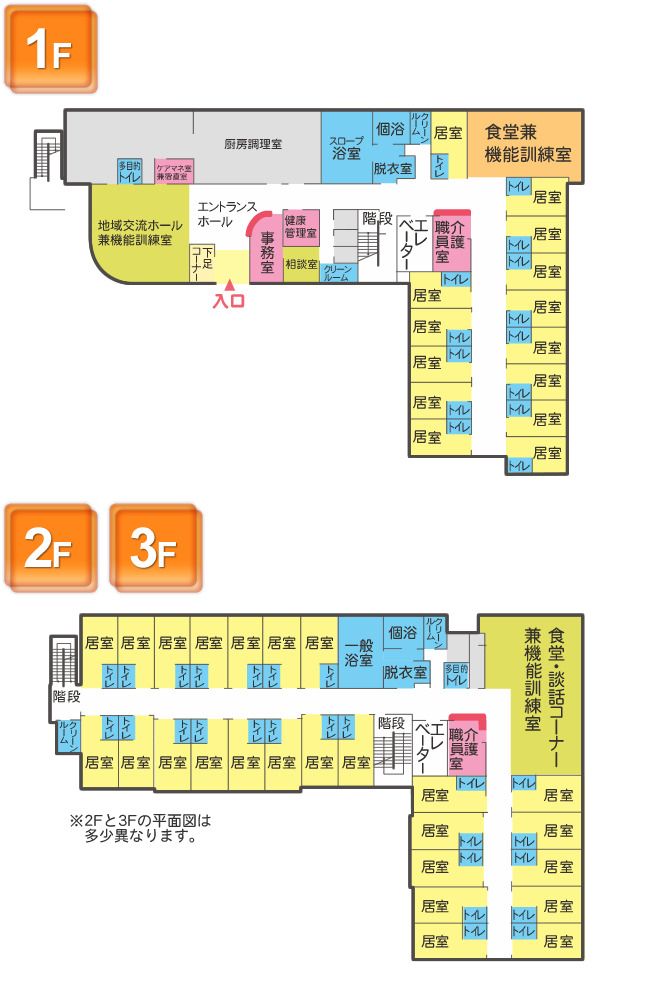 さわやかかぬま館の1～3Ｆのフロアマップ