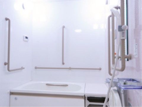 壁のあちこちに手すりが設置されており、浴槽の出入りがしやすい。シャワーの近くに鏡があり、その周りにも手すりがある。