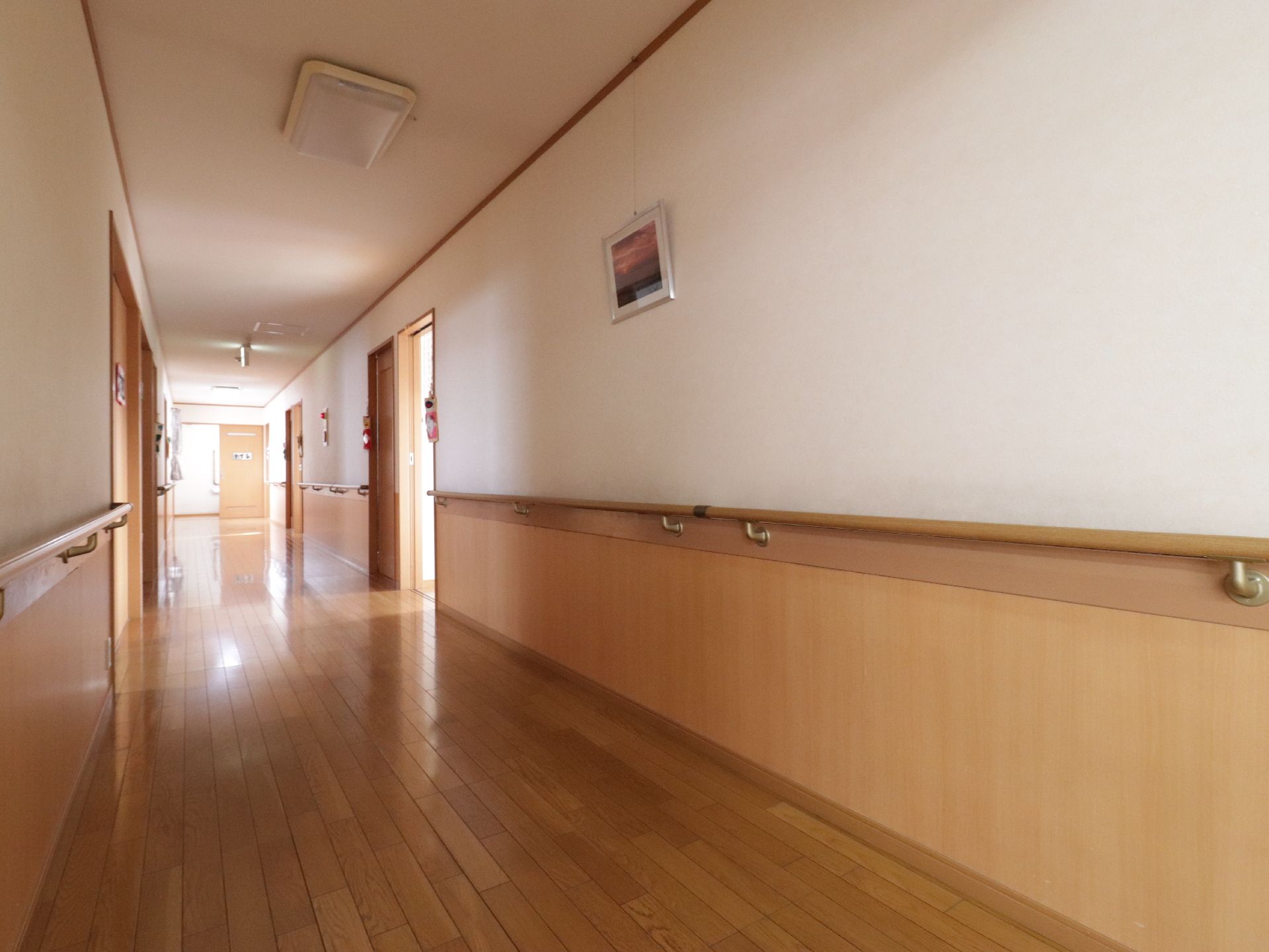 フローリングが貼られた床の通路の両側には手すりが取り付けられている。壁には額に入れられた絵画が飾られている。